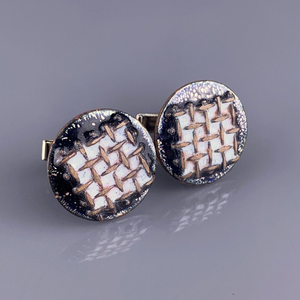 Brutalist Copper Grid Lattice Cufflinks Black White Enamel Mid Century Vintage